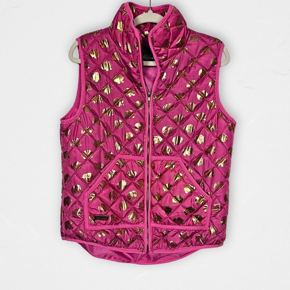 Simply Southern Pink Quilted Elephant Print Puffer Vest Size L Gold Metallic